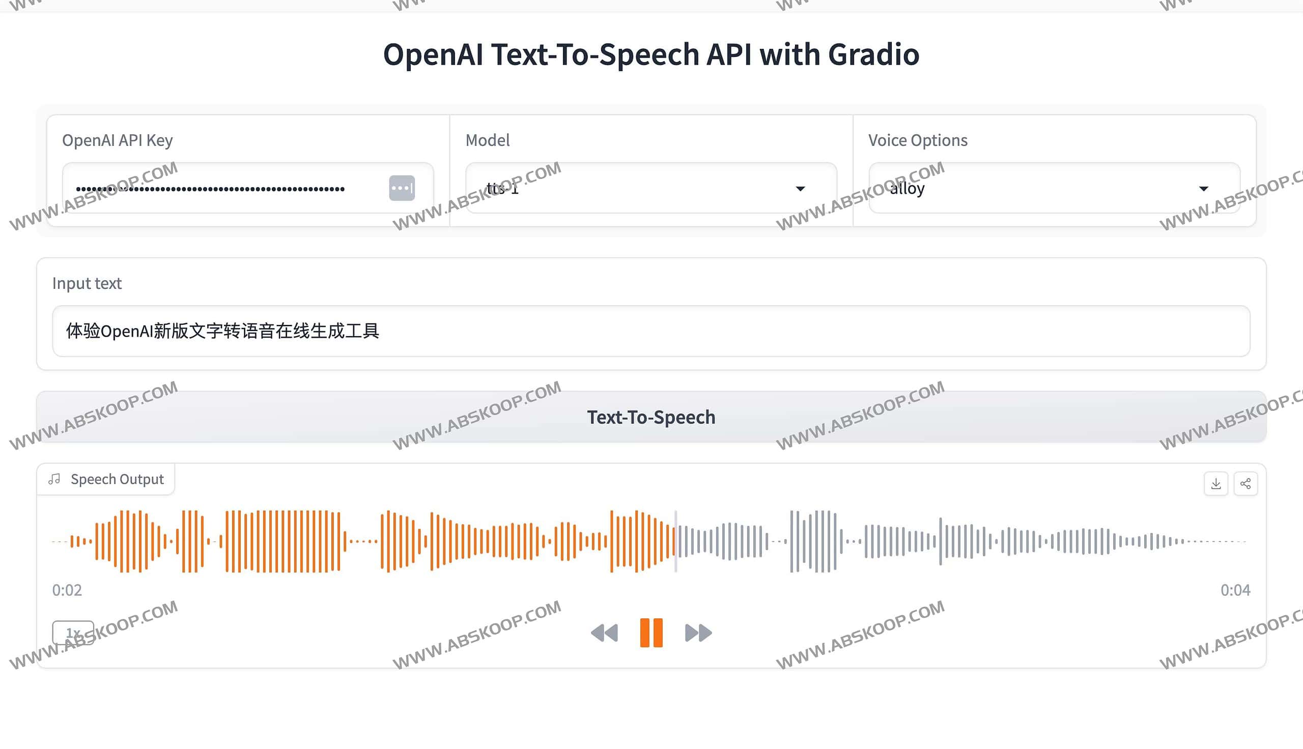 OpenAI TTS New 文字转语音在线生成工具-OpenAI Text-To-Speech API with Gradio OpenAI TTS New 文字转语音在线生成工具-OpenAI Text-To-Speech API with Gradio