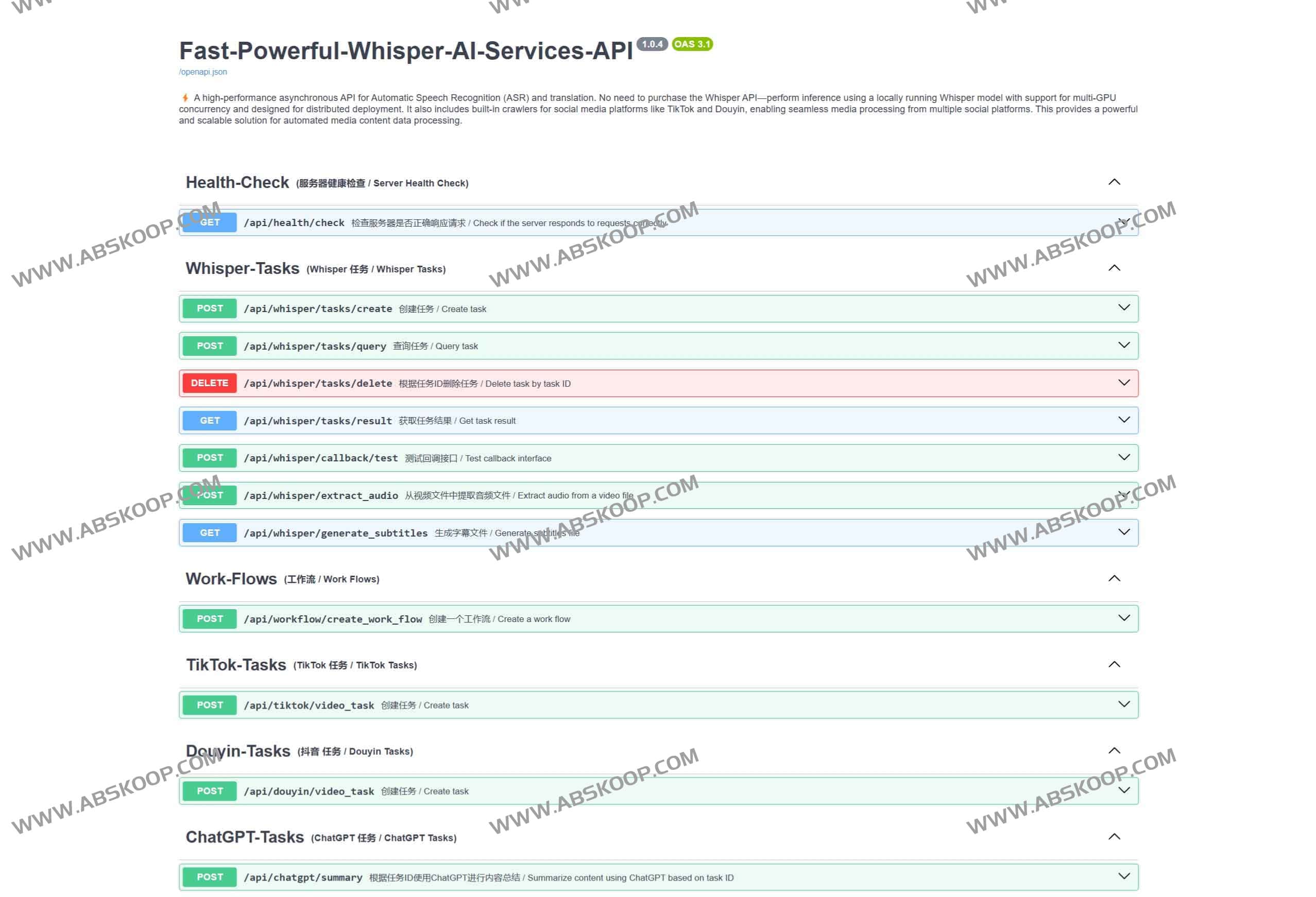Fast-Powerful-Whisper-AI-Services-API:自动语音识别 (ASR)、翻译的高性能异步 API Fast-Powerful-Whisper-AI-Services-API:自动语音识别 (ASR)、翻译的高性能异步 API