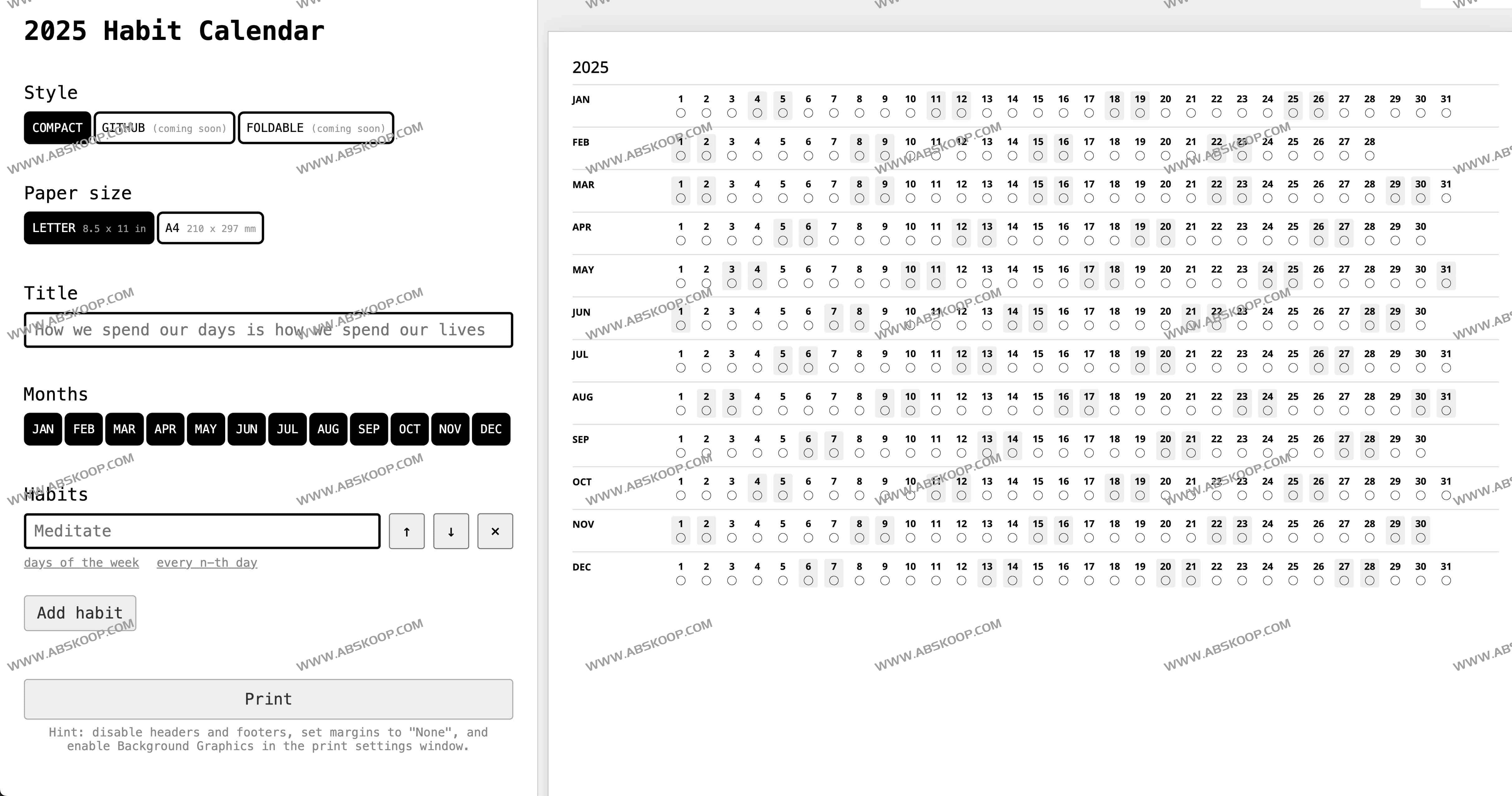 2025 Habit Calendar:2025日历模版编辑定制工具 可打印 2025 Habit Calendar:2025日历模版编辑定制工具 可打印
