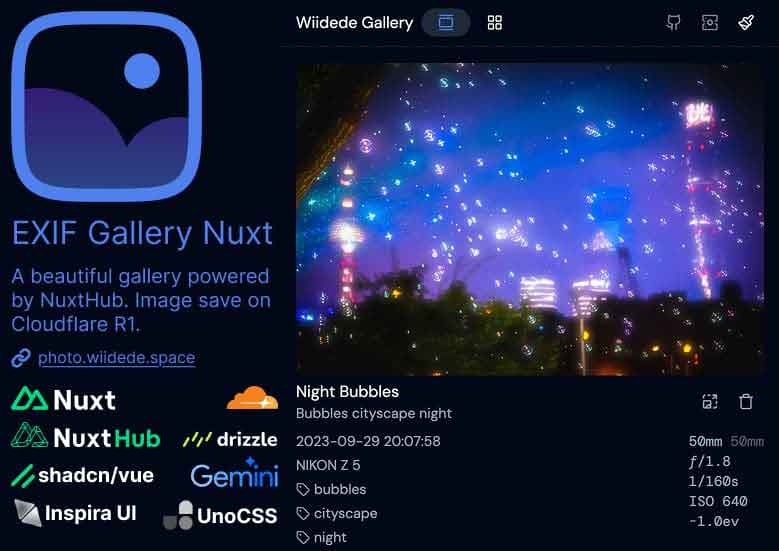 EXIF Gallery Nuxt:全栈相册解决方案,集成AI图像处理与云端图片压缩 EXIF Gallery Nuxt:全栈相册解决方案,集成AI图像处理与云端图片压缩